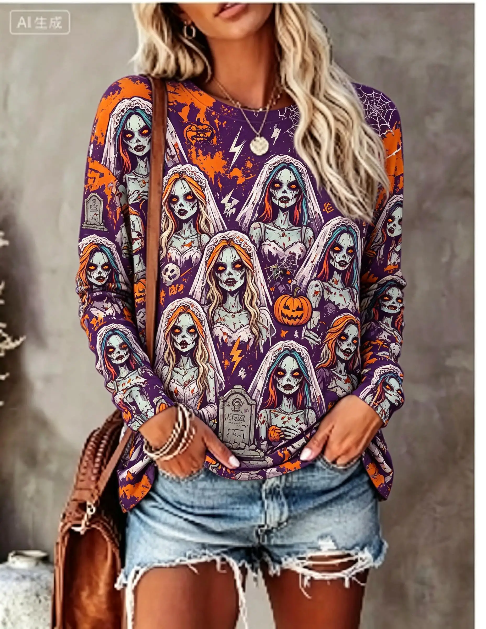 Women Halloween Long Sleeve T‑Shirt Zombie Bride Tombstone Pumpkin Print Crew Neck Fall Casual Tops