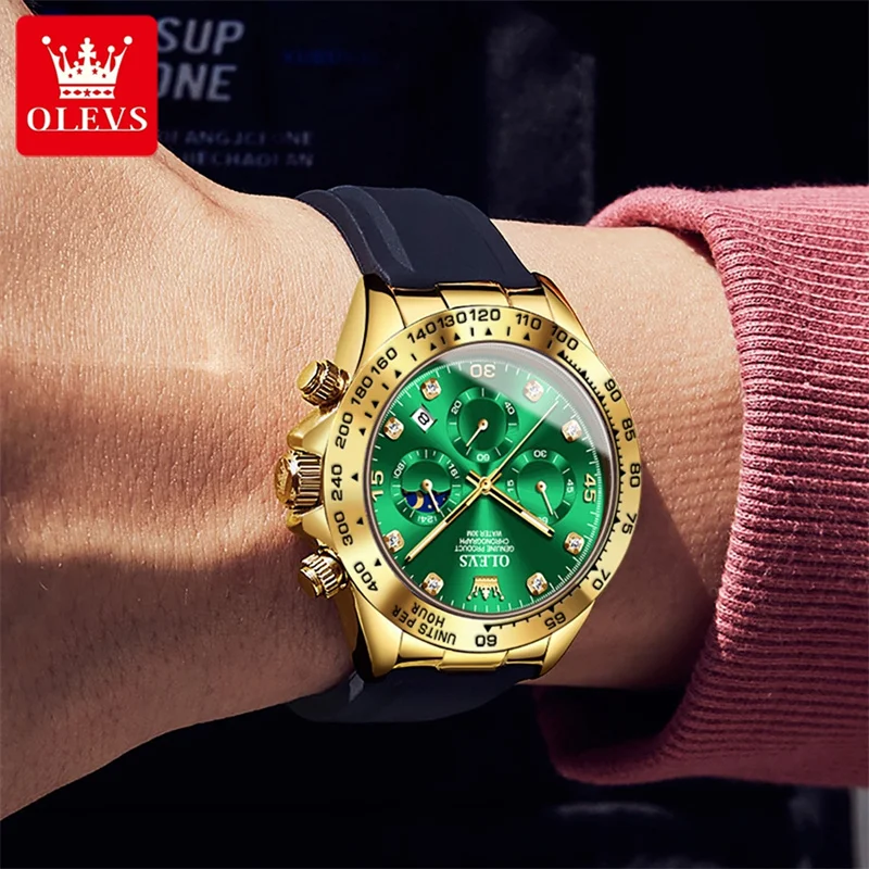 Imagem -04 - Olevs Top Marca Calendário de Luxo Moon Phase Homens Ver Esporte Militar Quartz Verde Relógios Homens à Prova d Água Case de Aço do Ouro Relógio