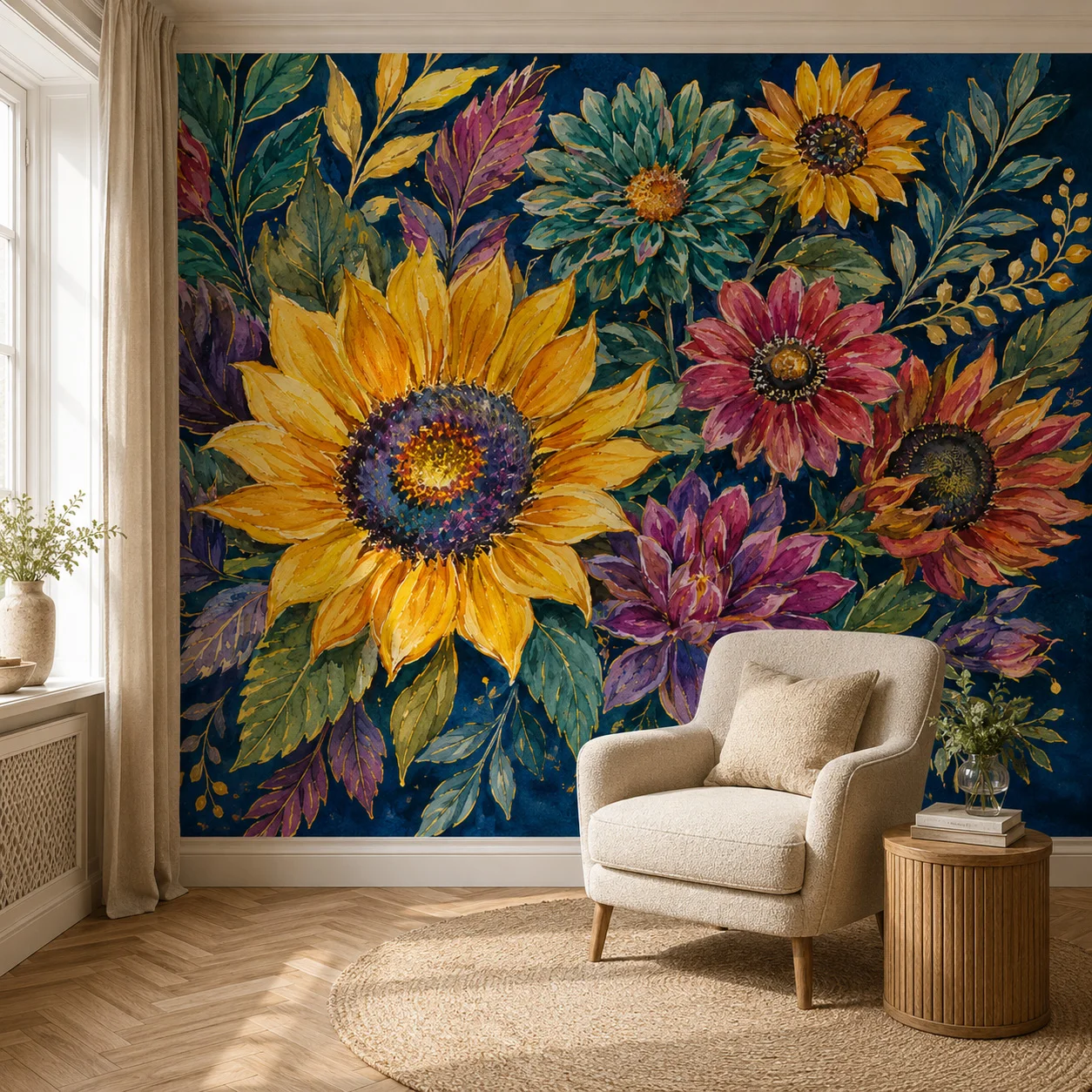 ダークネイビーのひまわり油絵壁画壁紙、カラフルなヴィンテージ風花柄アクセントウォールデコレーション、寝室用、貼り付けが必要