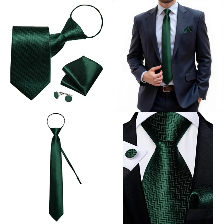 Corbatas de seda con cremallera para hombre, conjunto de corbata pre-atada con diseño paisley y cuadros, pañuelo de bolsillo y gemelos, corbata formal ajustable, verde esmeralda liso