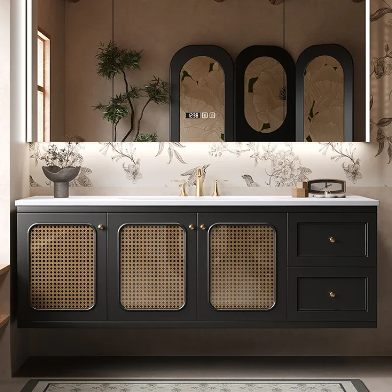 Retro rattan bathroom cabinet combination all solid wood bathroom washbasin rock slab hot bending integrated basin