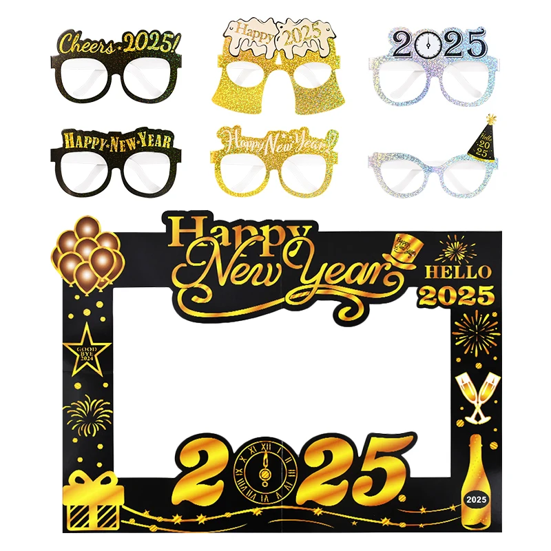 2025 Happy New Year Paper Glasses Photo Frame Balloon Christmas Paper Photo Booth Props Ornament New Year's Eve Party Decoration