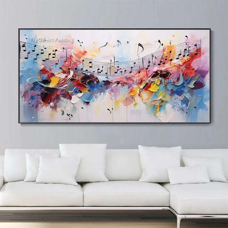 Blue Red Color Mix Thick Oil Painting On Canvas Handmade Music Notes Abstract Artwork Large Wall Art For Living Room Decor