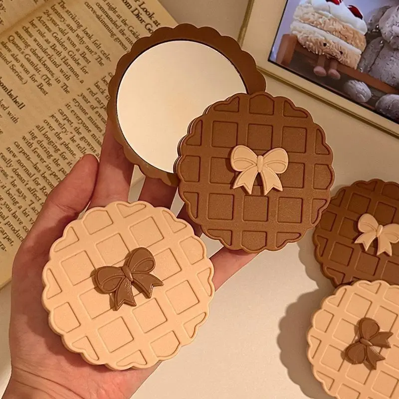 Cute Waffle Shaped Hand Mirror Portable Double Sided Makeup Mirror Creative Mini Handheld Mirror for Students Daily Use