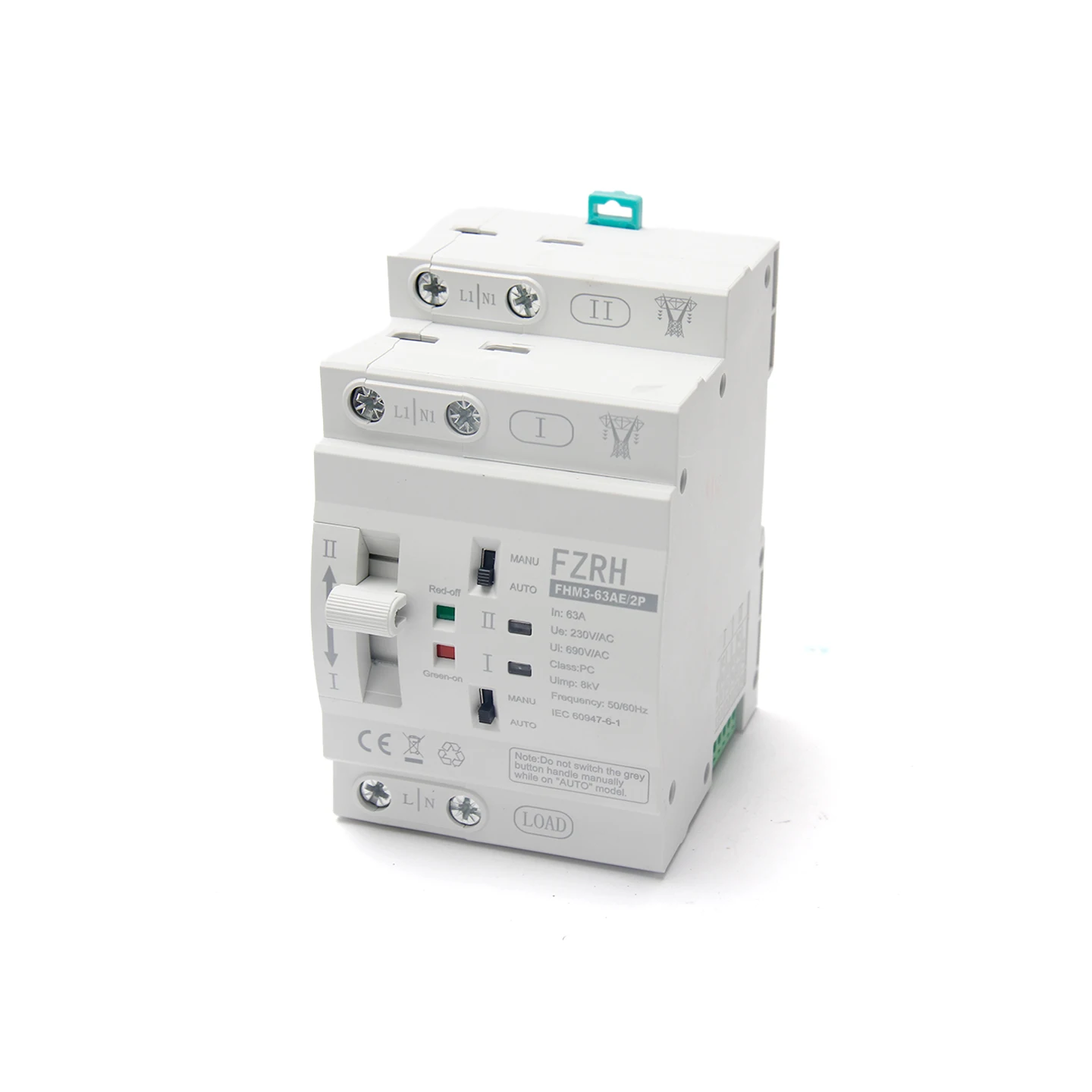 FZRH 2P AC 220V 63A Mini Household ATS Dual Power Automatic Transfer Switch Model FLQ1-63 10kA Breaking Capacity Single Phase