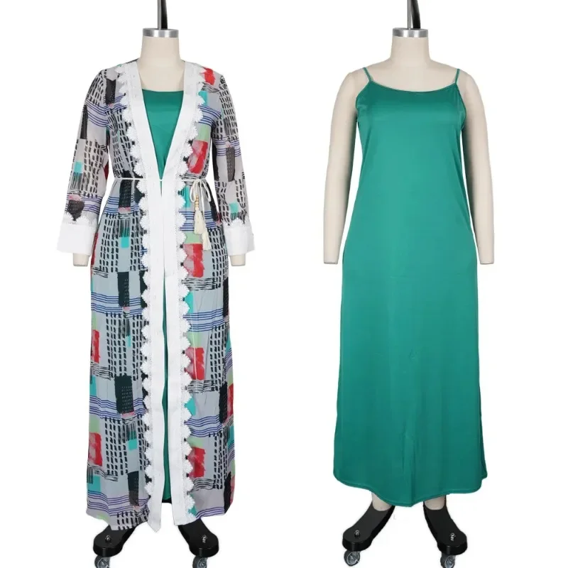 African women's cardigan two-piece vacation beach dress with sun protection printed dress Dashiki summer long-sleeved V-neck
