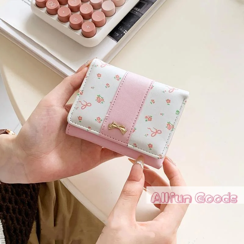 [TG835]Cute Floral Print Faux Leather Wallet With Gold Bow Deco And Multiple Card Slots Perfect For Girls Daily Use Travel