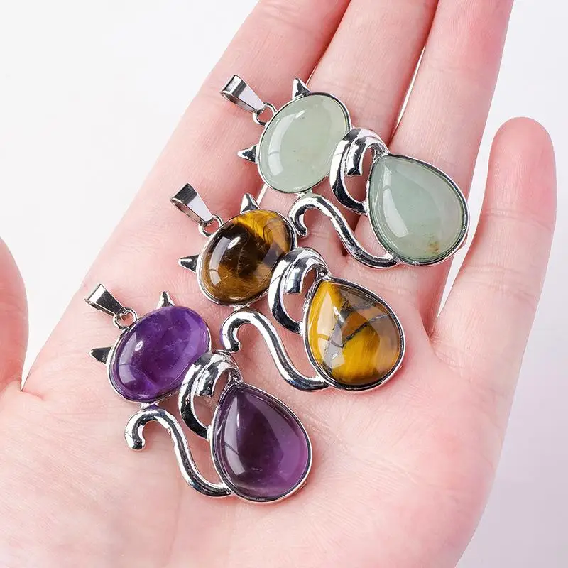 Natural Stone Pendant Cute Cat Pendants Suspension for Girl Amethyst Tiger Eye Green Aventurine Pink Crystal Reiki Jewelry