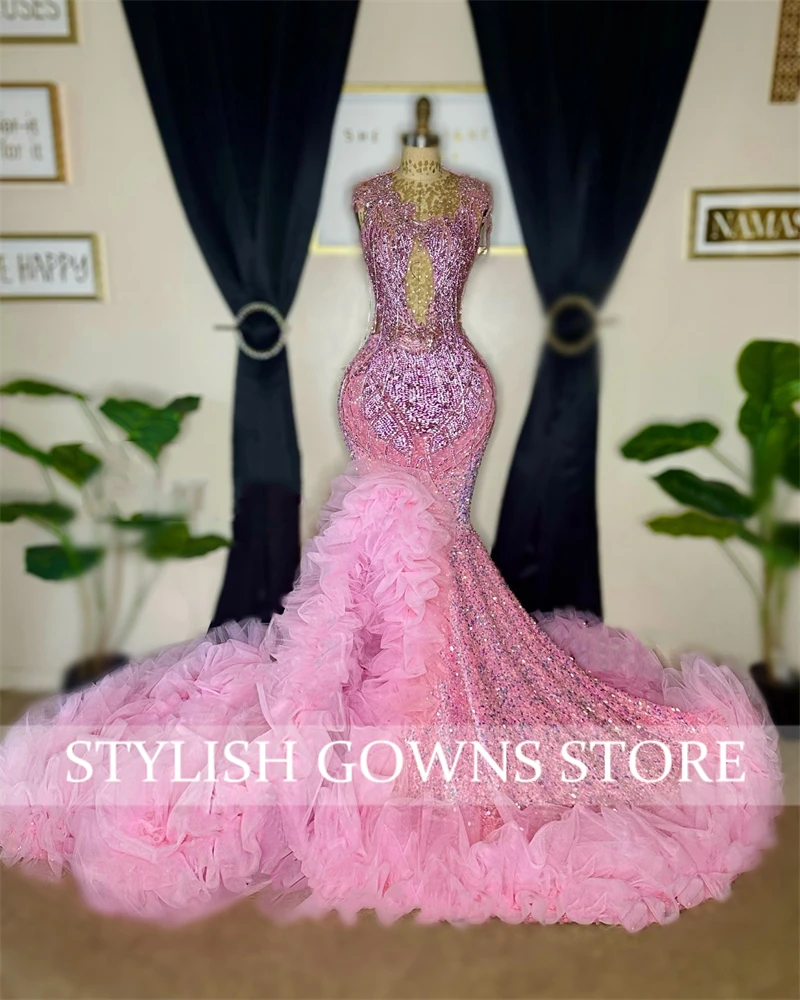 Pink O Neck Evening Dresses For Black Girl Bead Crystal Rhinestone Birthday Party Gown Sequin Ruffle Long Prom Dress Customized