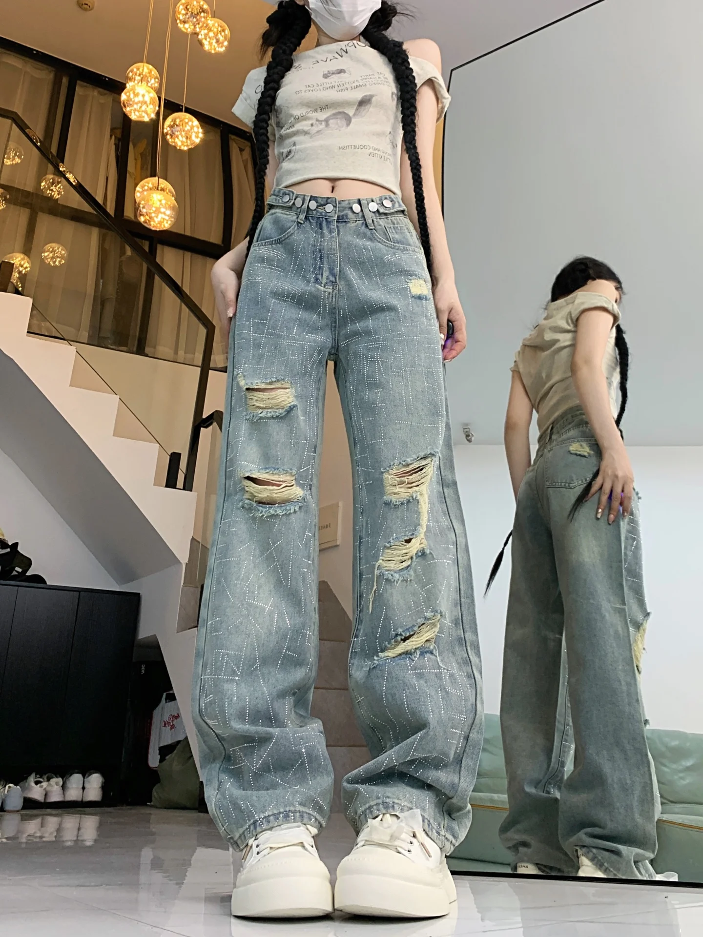 ハイウエストワイドレッグジーンズ レディース ストレートカットデニムパンツ 秋新作 スリープラスサイズ ウェイドアウトホールドリル カジュアルパンツ