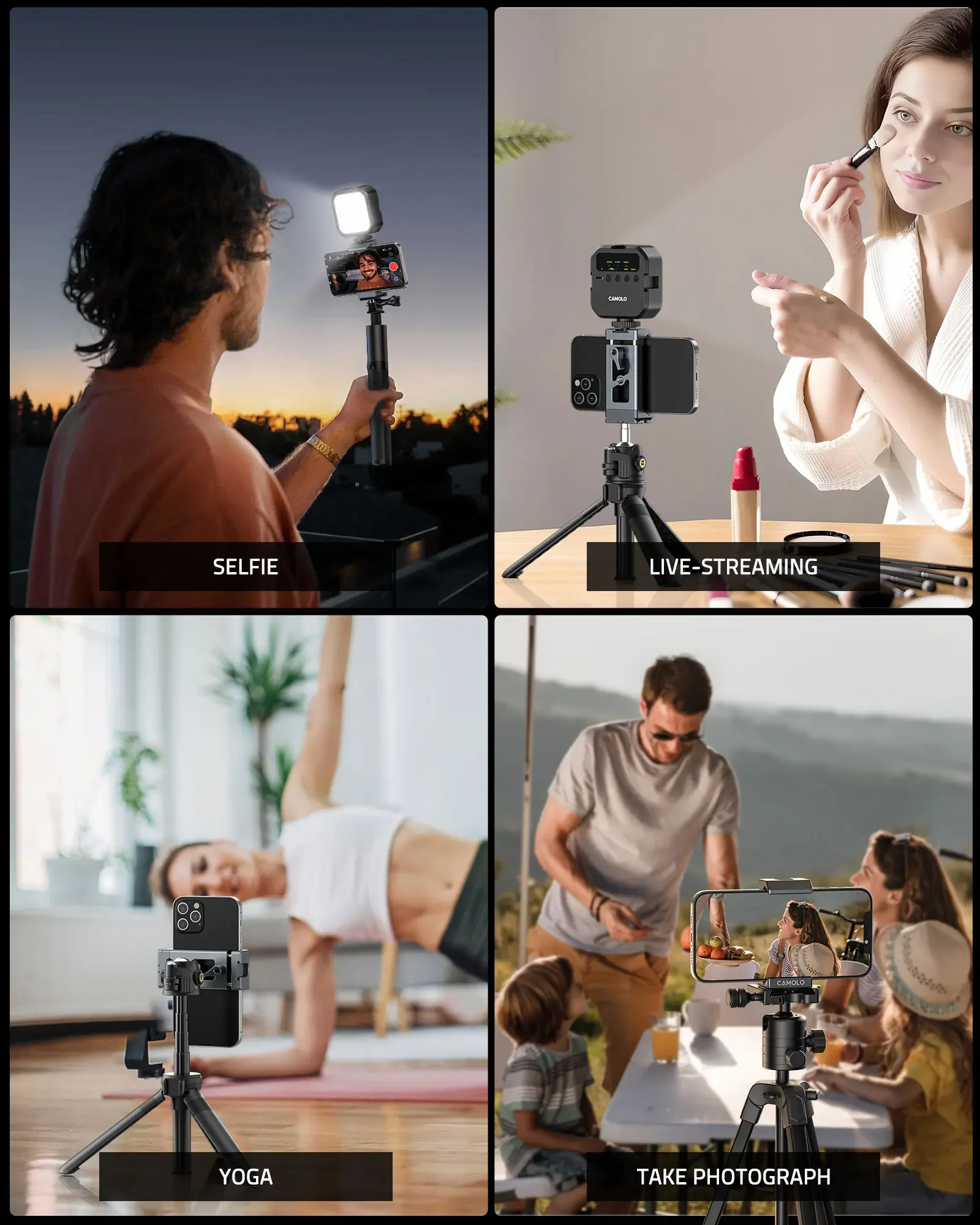 CAMOLO 금속 전화 클립 홀더(Arca 포트 및 액션 카메라 어댑터 포함) iPhone Gopro Samsung용 스마트폰 삼각대 어댑터 클램프