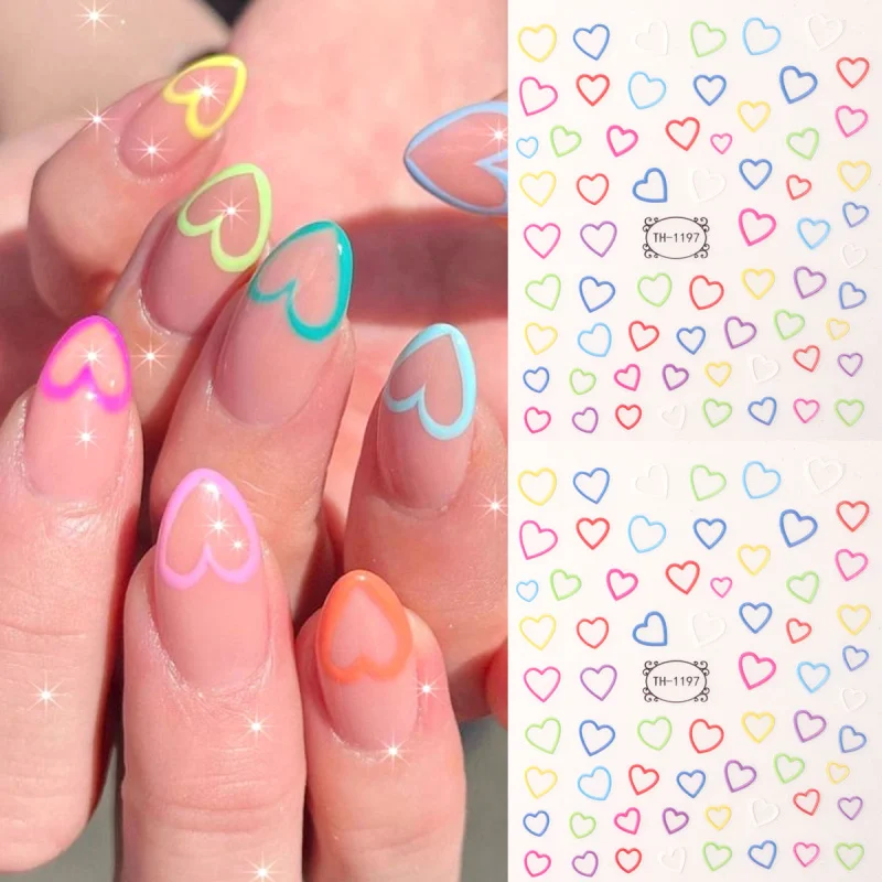2pcs 3D Colorful Hollow Heart Stickers for Nails Romantic Love Heart Valentine  Nail Art Decals DIY Adhesive Sliders Decoration