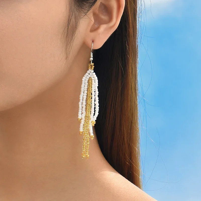 Beaded earrings Tassel Originality Hand knitting Bohemia Alloy Colour Tide Simple Rice bead earrings