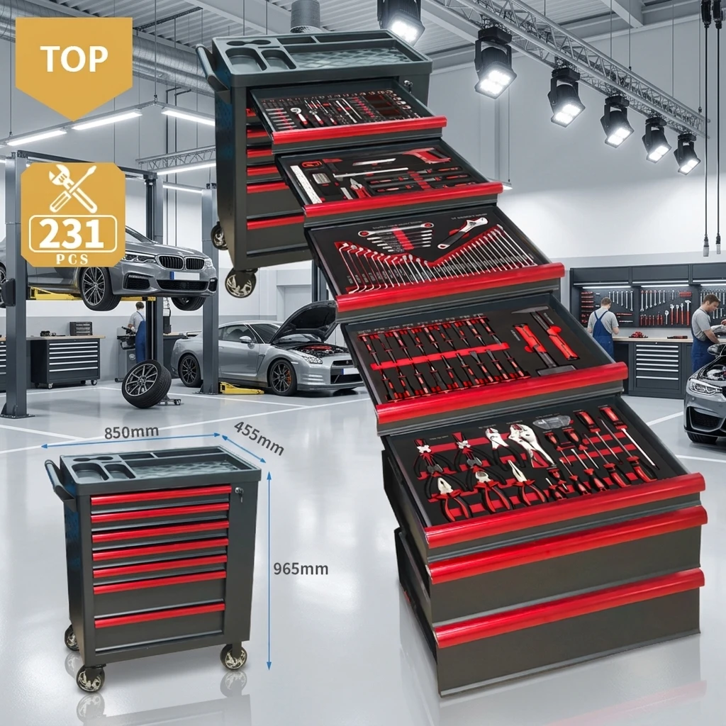 231 Pcs Automotive Hand Tools Professional 7 Drawers Workshop Roller Tool Set Box Garage Tool Cart Cabinet