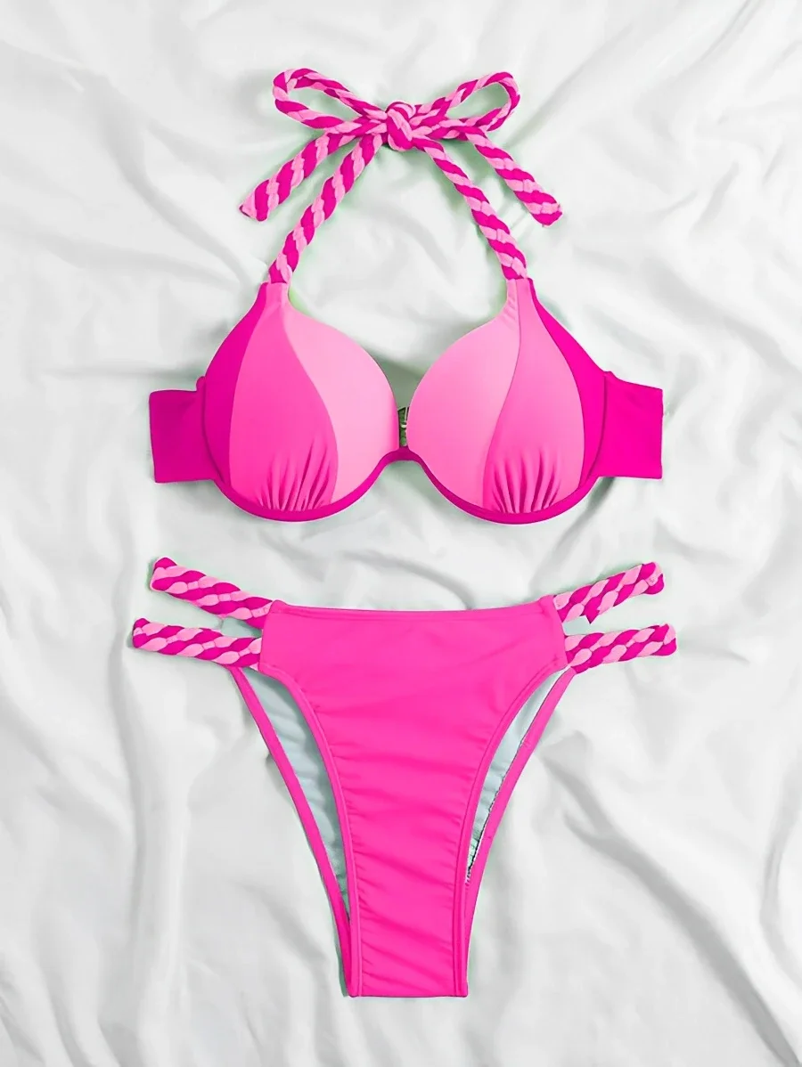 2024 New  Halter Push Up Bikini Halter Swimsuit Women Sexy Swimwear Female Bathers Bathing Swim Suit Beachwear