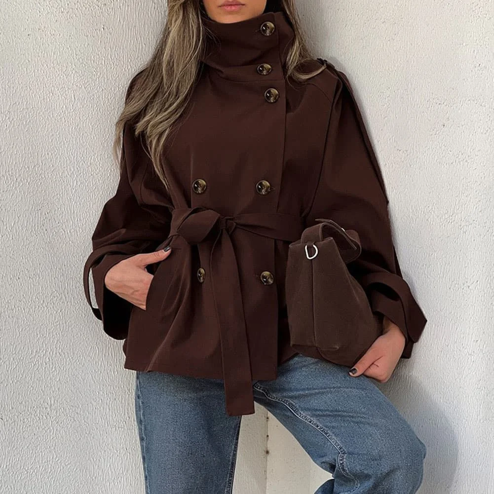 Stand-Up Collar Cropped Jacket for Women Designed with Double-Breasted Closure Belted Waist and Summer-Friendly Fabric