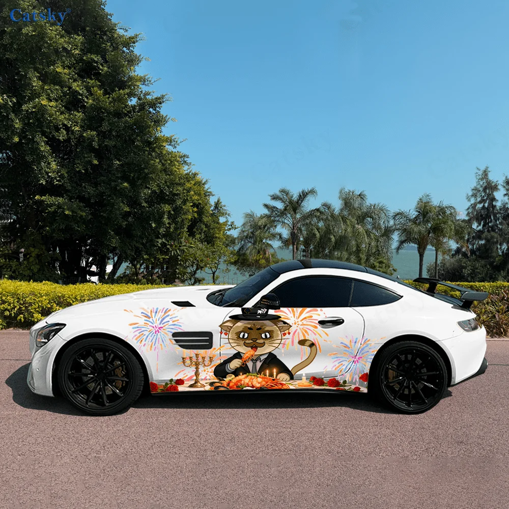 

Suit Cat Feast Red Wine Car Vinyl Wraps Decal Self-adhesive PVC Sticker Suitable for Trucks SUV Decoration Auto Accessories Gift