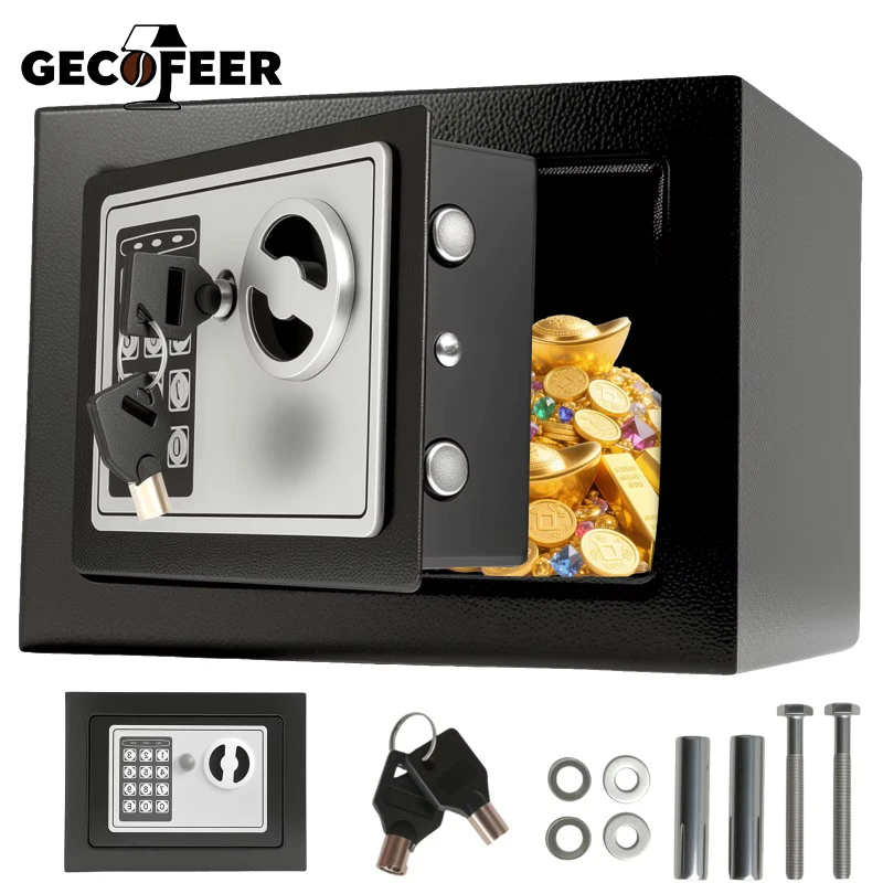 GECOFEER Caja de seguridad electrónica de ajuste cúbico con acceso digital y llaves de anulación para dinero, pistola, documento de joyería