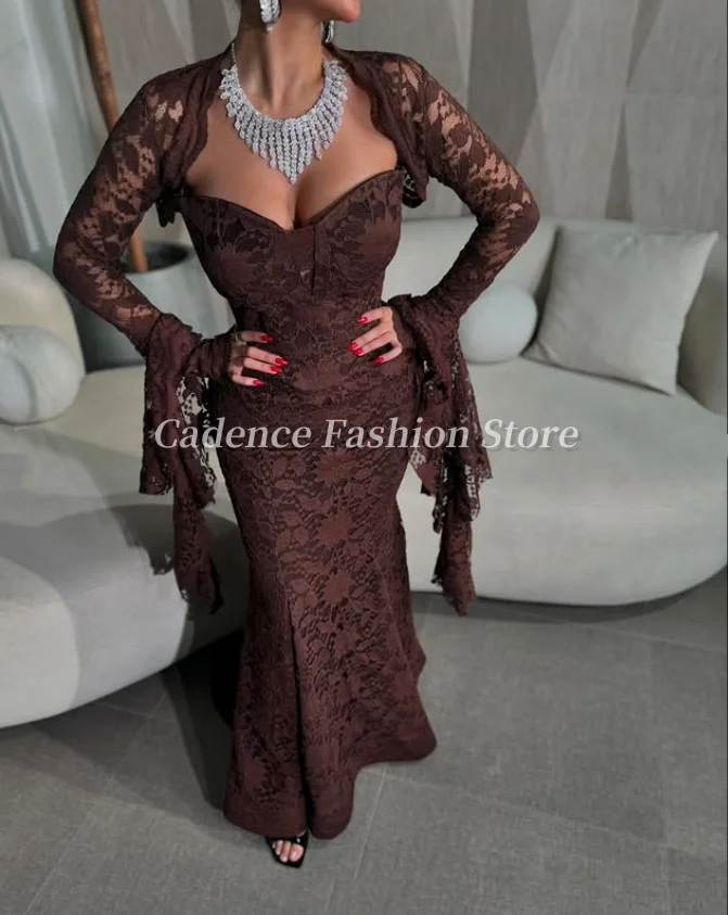 Customized  Elegant Brown Mermaid Arabian Prom Dresses Lace Long Sleeve Back Strap Dubai Evening Gowns Formal Banquet Dresses