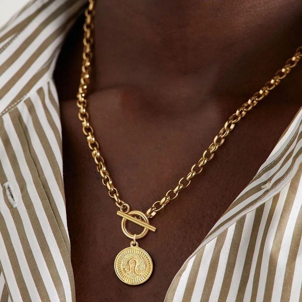 خمر جولة زودياك قلادة قلادة للنساء مطلية بالذهب الفولاذ المقاوم للصدأ سلسلة كوكبة قلادة عيد ميلاد مجوهرات هدية