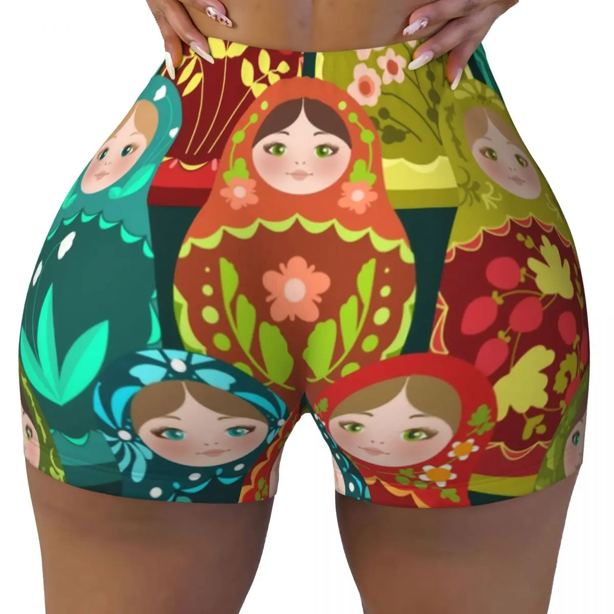 Custom Russia Matryoshka Doll Pattern Volleyball Biker Gym Shorts Women Russian Babushka Folk Art Athletic Workout Yoga Shorts