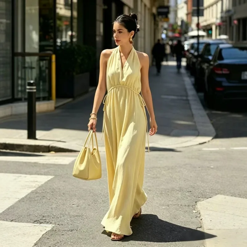 2026 Halter V-Neck Drawstring Waist Dress Women Slim Vacation Summer Beach Casual New