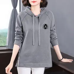 Korean Hooded Drawstring Pullovers Spring Autumn Fashion Patch Designs Diamonds Women's Clothing Solid Color Midi Sweatshirts