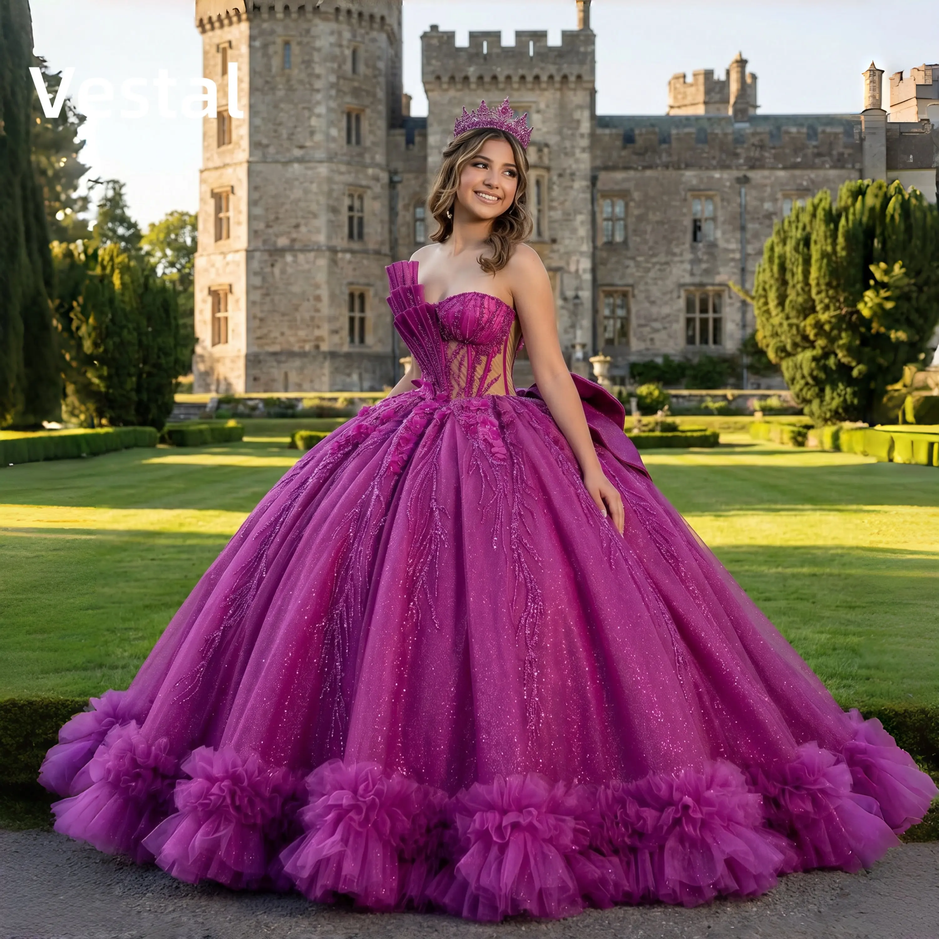 

Princess Ball Gown Quinceanera Dresses Vestidos De 15 Anos Glittering Lace Ruffled Train Birthday Party Customized
