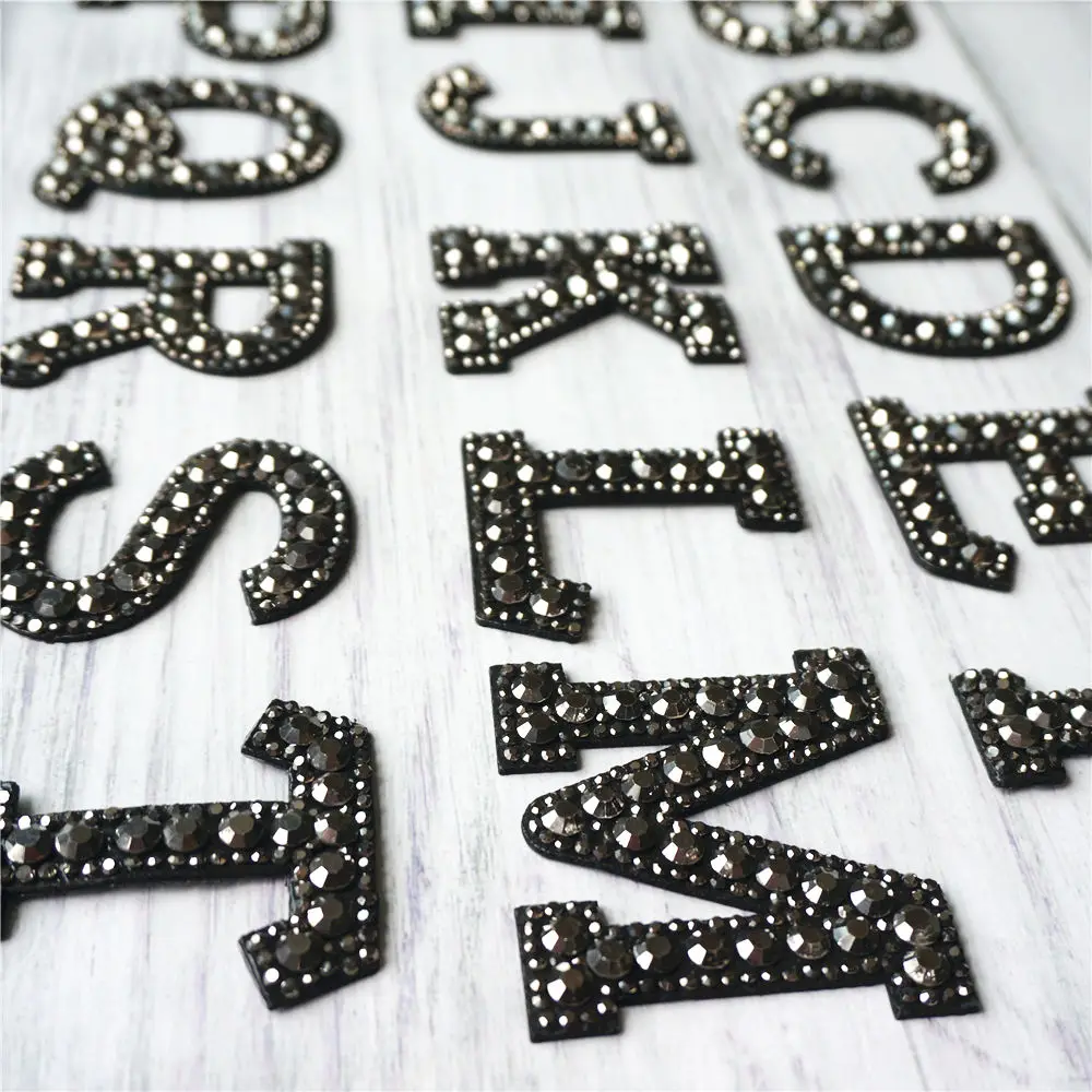 A-Z Black Rhinestones Alphabet Letters Iron Sew On Patches Shining Badges For Name DIY Dress Jeans Shoes Appliques Decoration