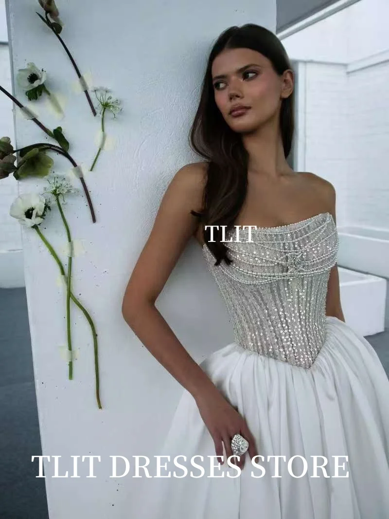 TLIT エレガントなホワイト A ラインのウェディングドレス アップリケ クリスタル パール ブライダルドレス فساتين زفاف カスタマイズされたストラップレスのガウン