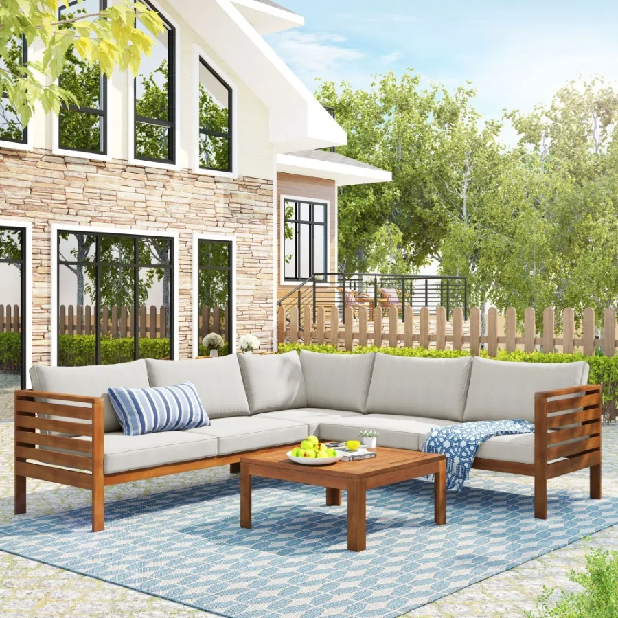 

GO Wood Structure Outdoor Sofa Set with beige Cushions Exotic design Waterresistant and UV Protected texture High quality acaci
