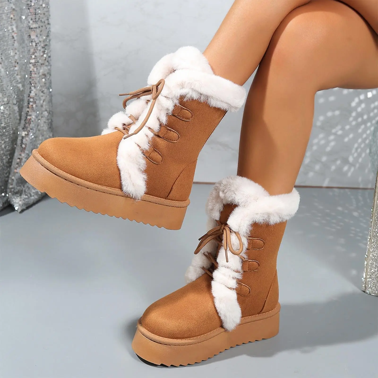 

Women's Winter Thickened Fleece Lined Mid-Calf Snow Boots Cotton Booties Warm Rubber Sole round Toe Casual Style Booties