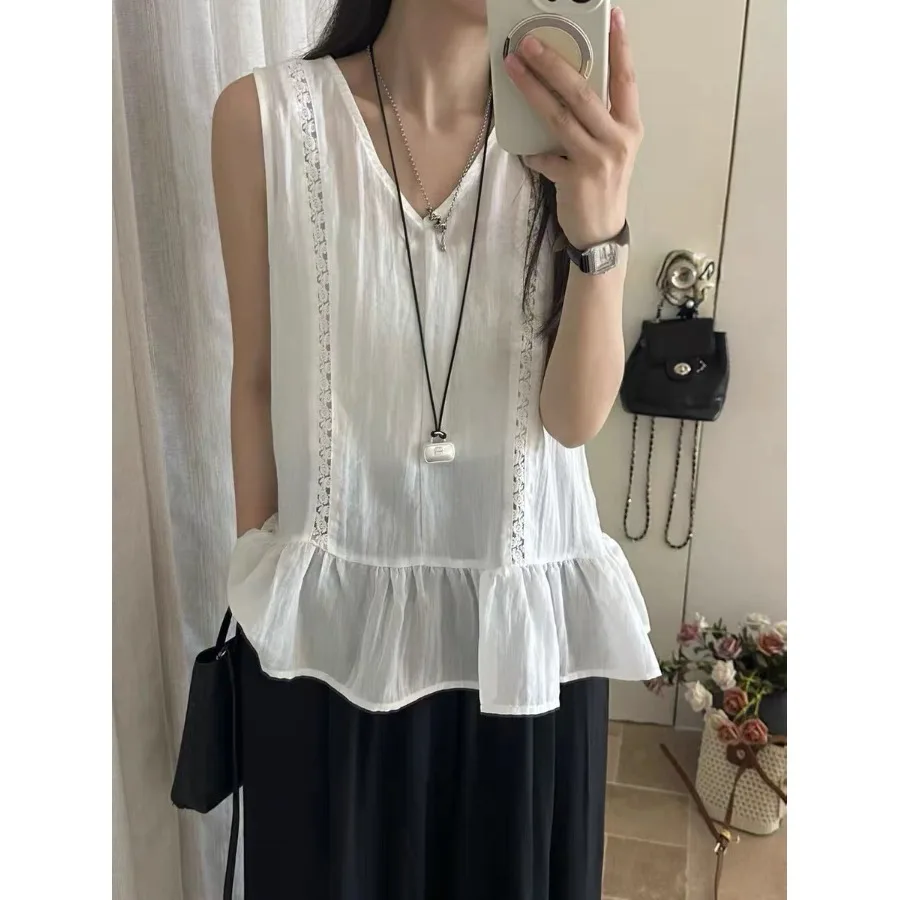 

2026 Summer New Chic Fashionable Retro Style Hollow out Design Splicing Women's Shirt Top Korean Style Loose Casual Wear