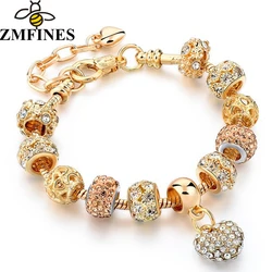 Gold Color Love Heart Charm Bracelets For Women Men DIY Crystal Beads Brand Bracelets Bangles Pulseira Jewelry Gift Dropshipping