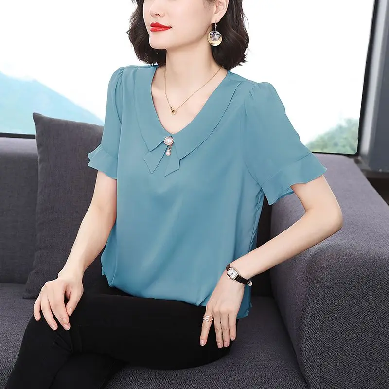 Summer Loose Casual Ruffles Chiffon Blouse Women Short Sleeve Elegant Fashion Solid Collar Top Female Oversized All-match Shirt