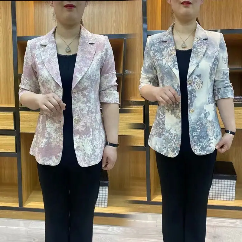 Spring Summer Tailored Collar Fashion Three Quarter Blazers Women High Street Casual Printing Button Pockets Patchwork Cardigan