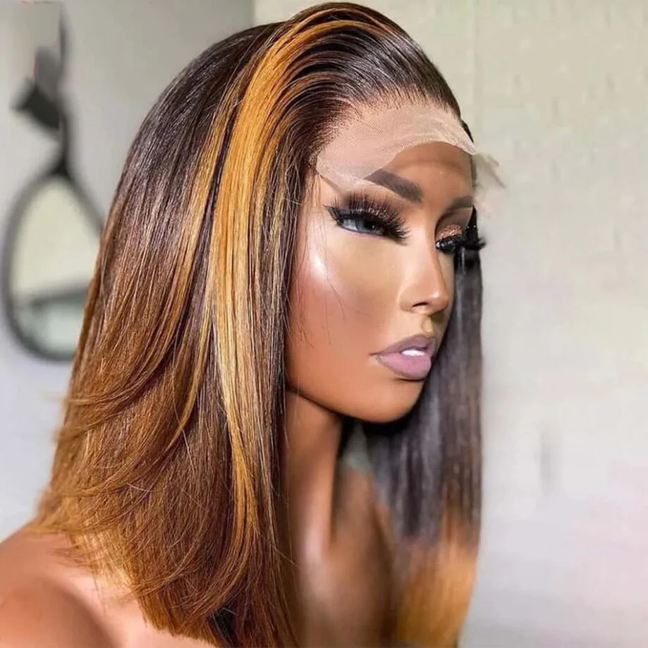 

Soft Bob 26"Long Highlight Blonde Brown 180Density Straight Lace Front Wig For Black Women BabyHair Glueless Preplucked Daily