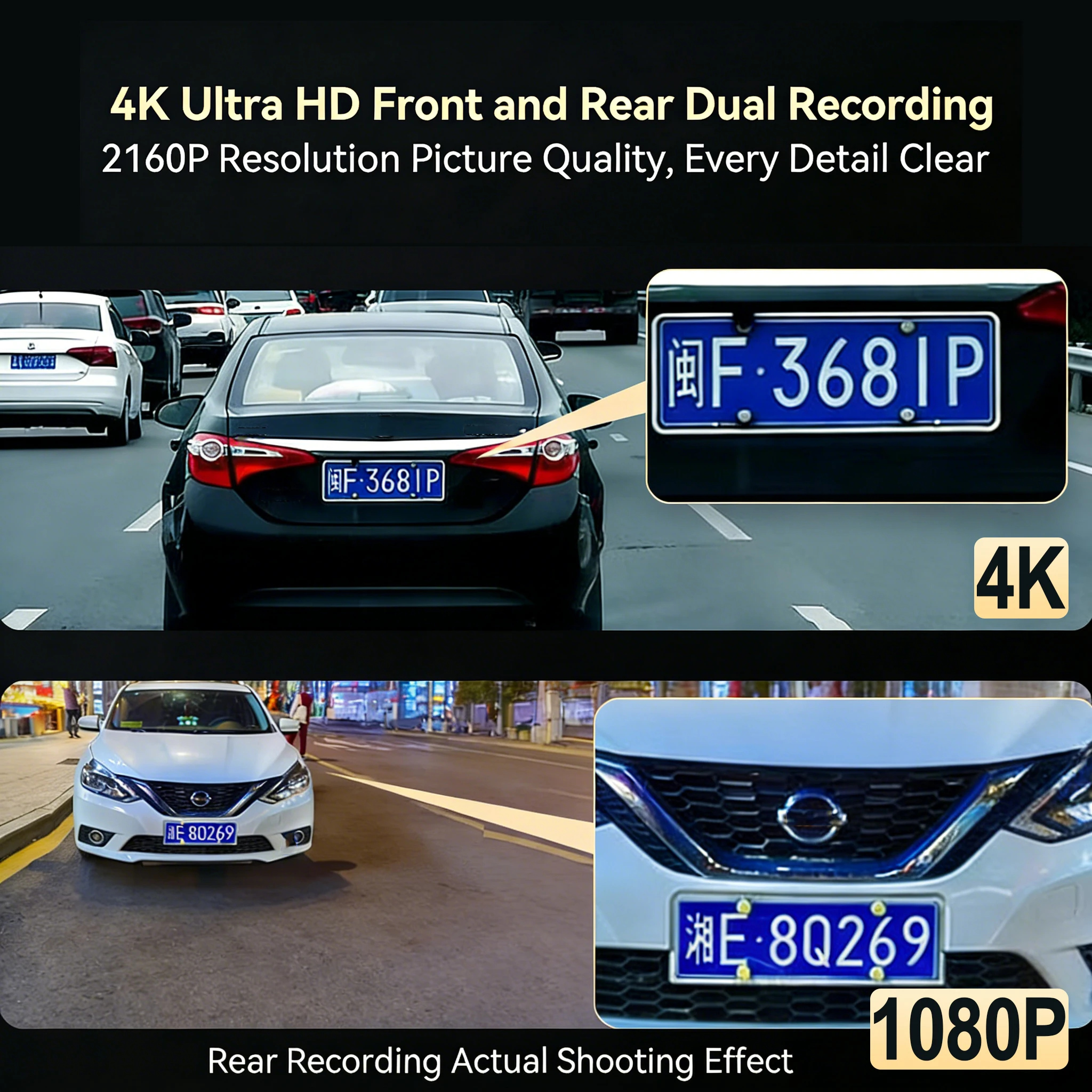 Cámara para Auto con Doble Lente 4K WiFi, DVR Delantera y Trasera, Visión Nocturna, Estacionamiento 24H, Mini Caja Negra, Grabadora de Video para Vehículo