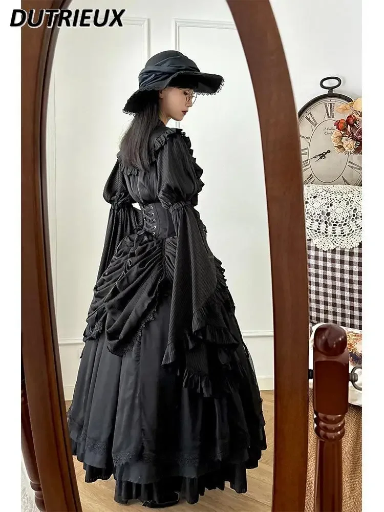 Black Gothic Japanese Style Lolita Sweet Girls Shirt and High-waisted Strap-up Long Skirt Womens Outfits Two-piece Set