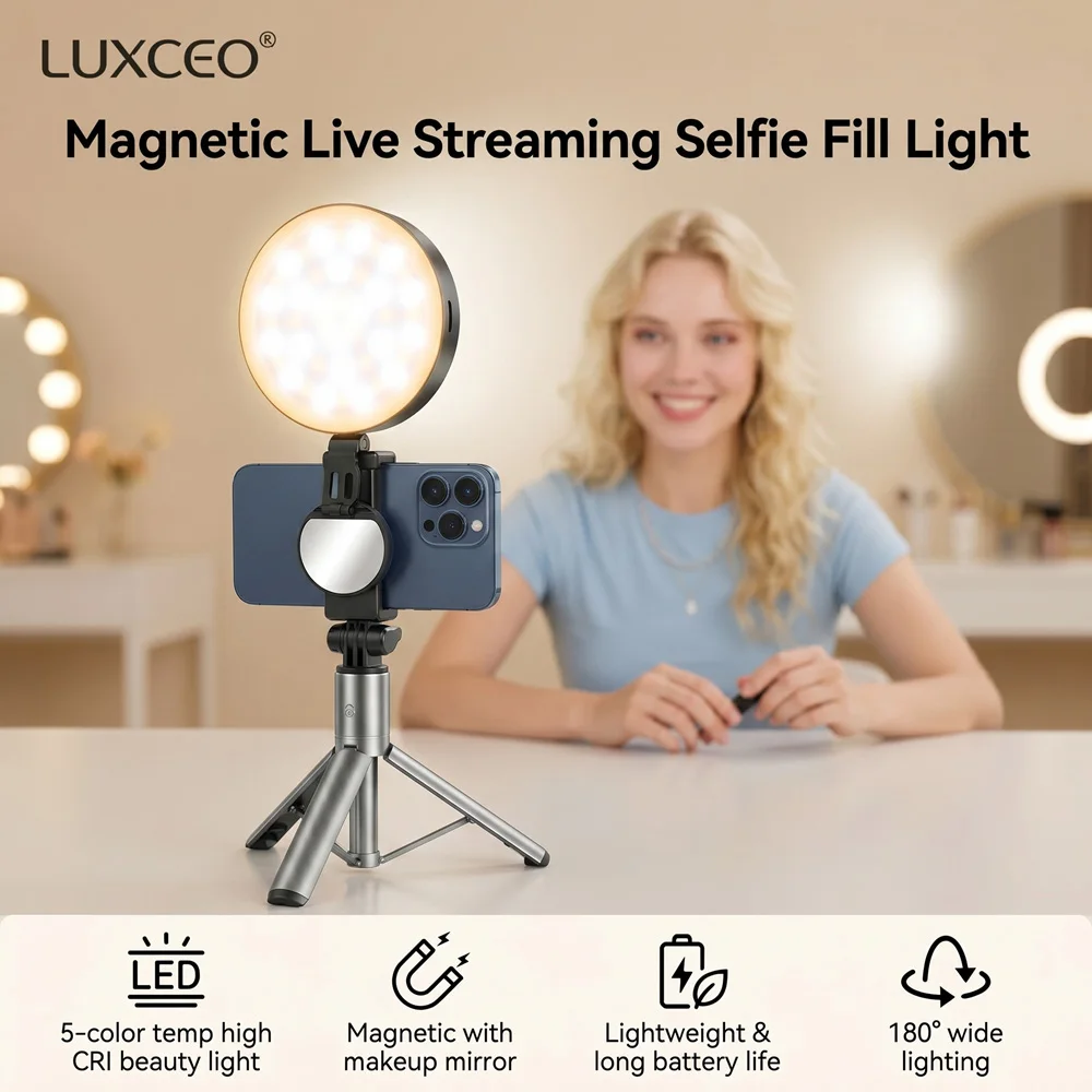

LUXCEO Magnetic Phone Fill Light 5 Color Adjustable CRI95 80LM Rechargeable Selfie Light selfie mirror For Makeup Vlog Live Pic