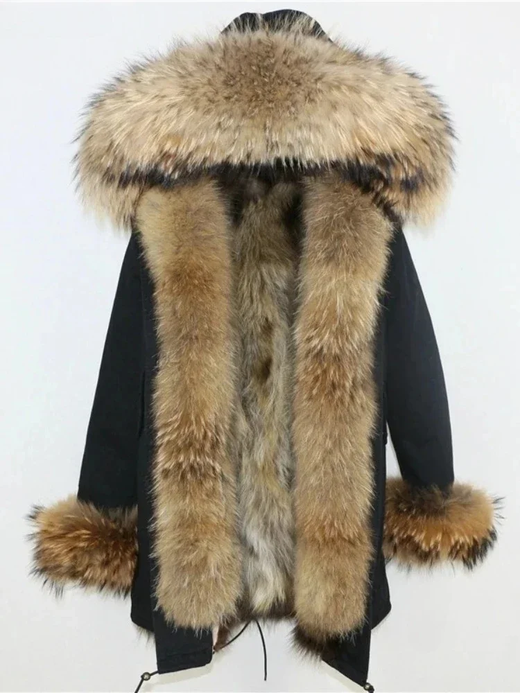 OFTBUY Giacca di pelliccia Donna Collo di pelliccia di procione naturale Parka lungo Caldo nuovo cappotto invernale Cappuccio Parka spesso Cappotto di pelliccia di volpe reale da donna