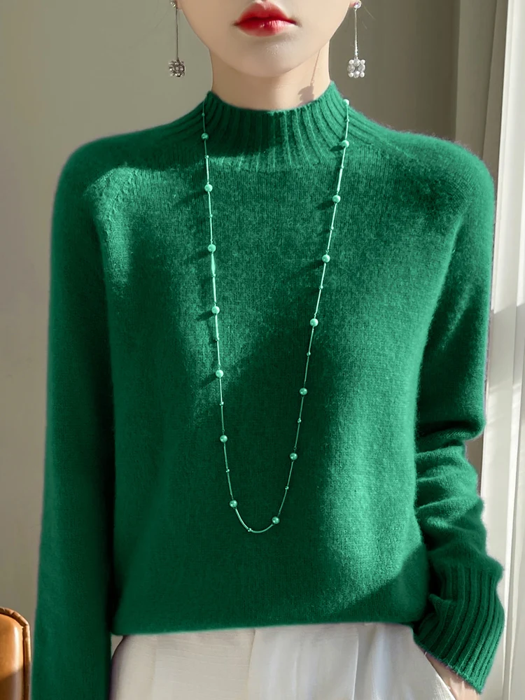 

High-end 100% Pure Wool Pullover Sweater Women's New Mock Neck Soild Simple Loose Cashmere Knitted Coat Autumn Winter Thick Warm