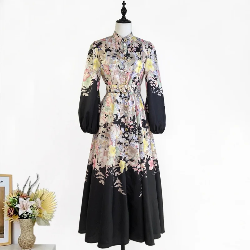 

Real Shot 2025 New Retro Positioning Printing Single-Breasted Stand Collar Long Sleeve Dress Mid-Length Women's Fashion