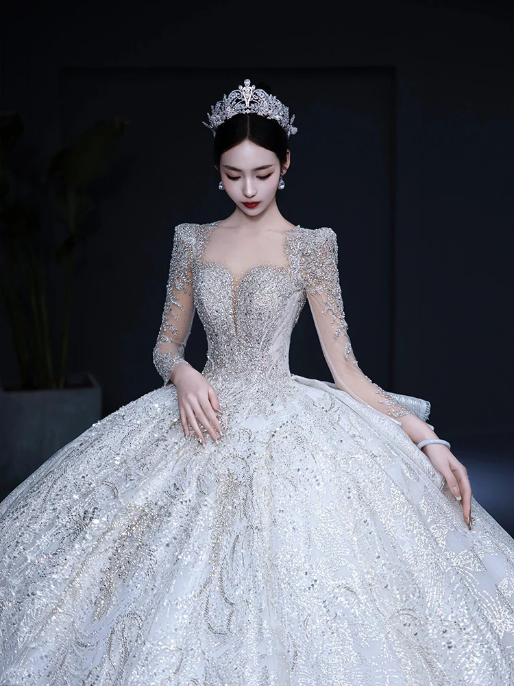 ชุดแต่งงานแขนยาวคลาสสิก Sweetheart งานแต่งงานชุด Shinny งานแต่งงานชุดบอล PLUS ขนาดที่กําหนดเอง