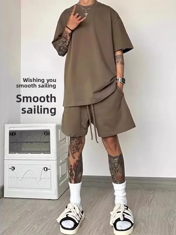 

Large Size 300 Pounds Hong Kong Style Casual Sports Set Loose Short Sleeve T-Shirt Shorts Two-Piece Set for Men And Women