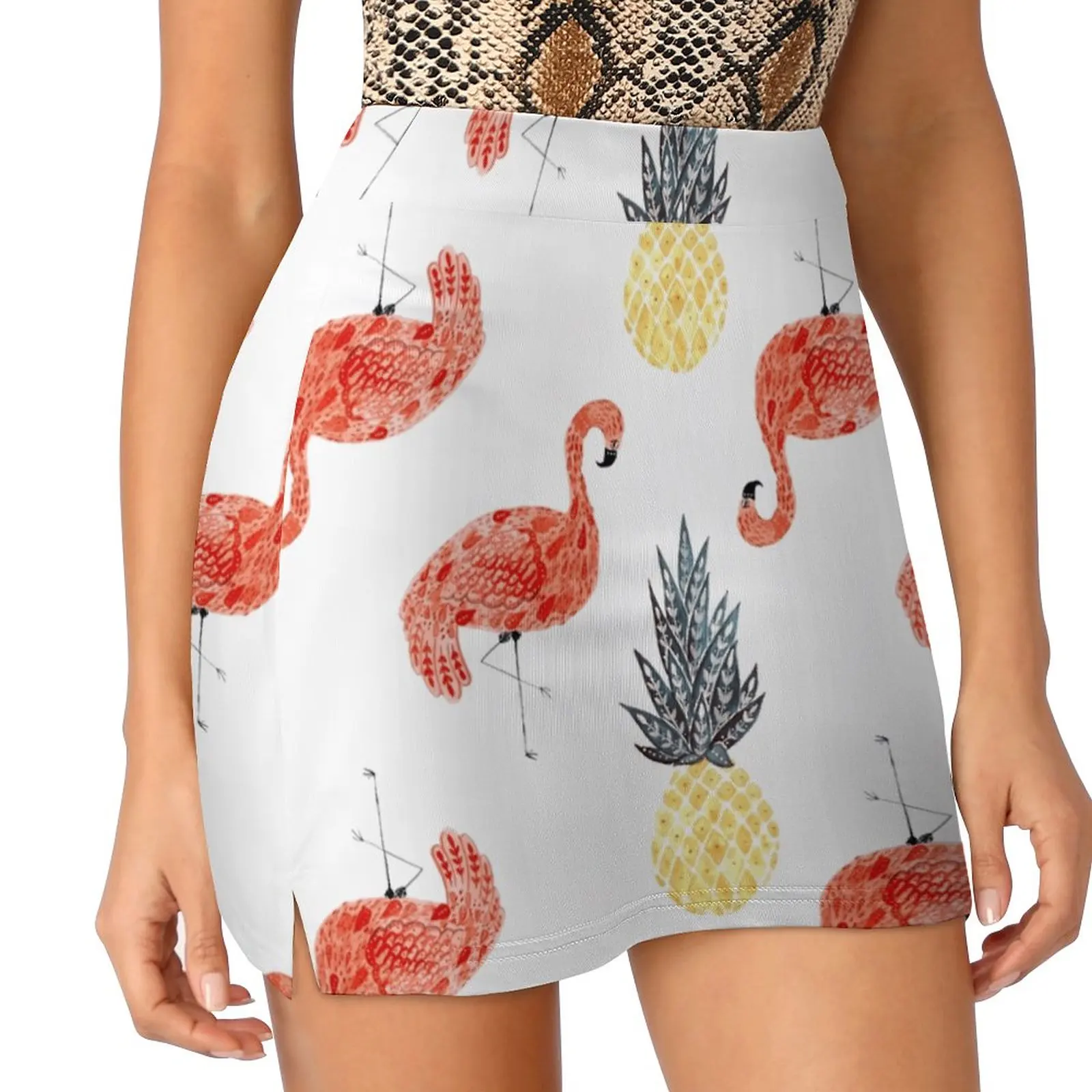 Flamingo Pineapple Party Women's skirt With Pocket Vintage Skirt Printing A Line Skirts Summer Clothes Watercolor Gouache Pink