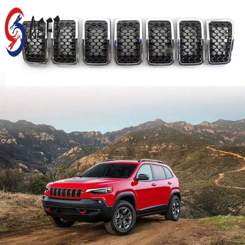 

AEF3-Chrome Car Front Insert Mesh Grille Decoration Cover Front Radiator Inlet Grill Trim For Jeep Cherokee 2019 2020 2021