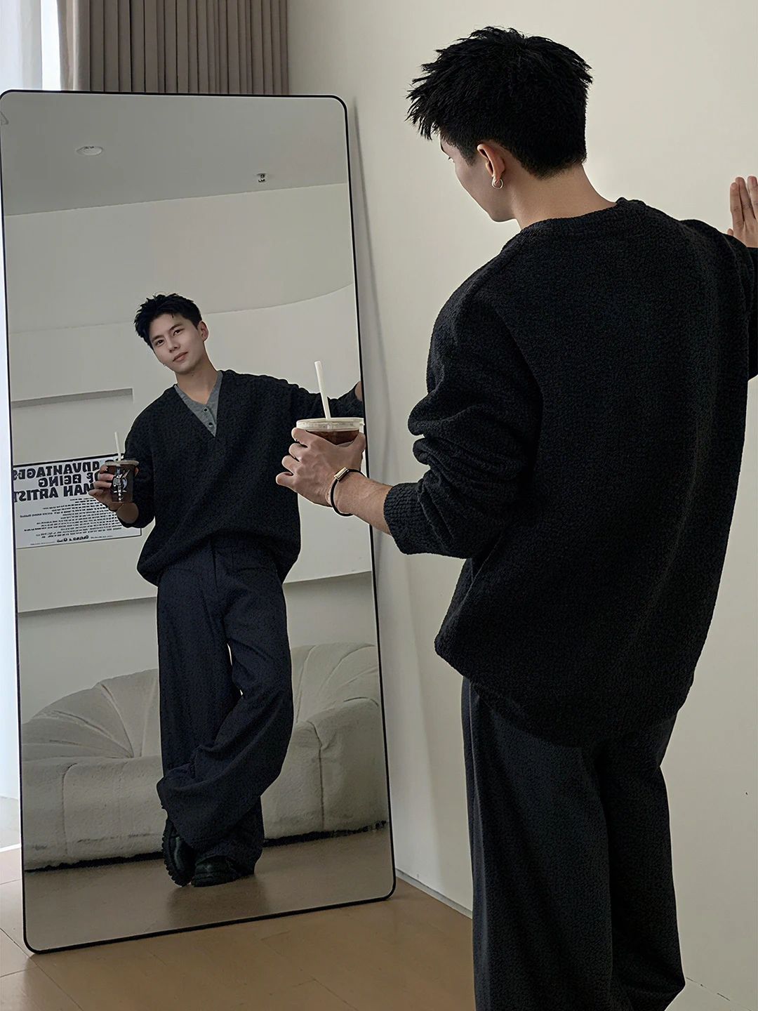 

Men's Knitted Sweater Double Collar Lazy Sle V-Ne Long Sve Soft Polyester Fiber Casual Wear Regular Length Outerwear