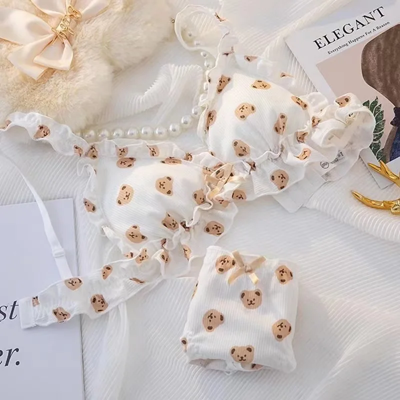 Ropa interior japonesa de dibujos animados de oso, pecho pequeño que tira en la parte superior del sujetador con lazo dulce para chica de viento puro