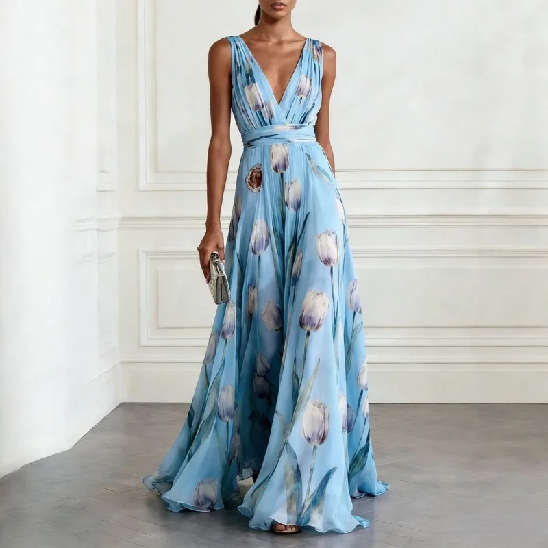 Sommerliches, neues, bedrucktes, schmales Maxikleid für Damen – elegantes, ärmelloses, plissiertes langes Kleid mit V-Ausschnitt und hoher Taille für den Alltag